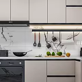 Modern Kitchen Interior With Beige Cabinets Marble Countertop Tile Wall And Appliances