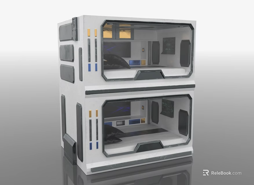 Modern Modular Double Deck Furniture With Glass Windows Black And Blue Accents For Compact Living 3d model 