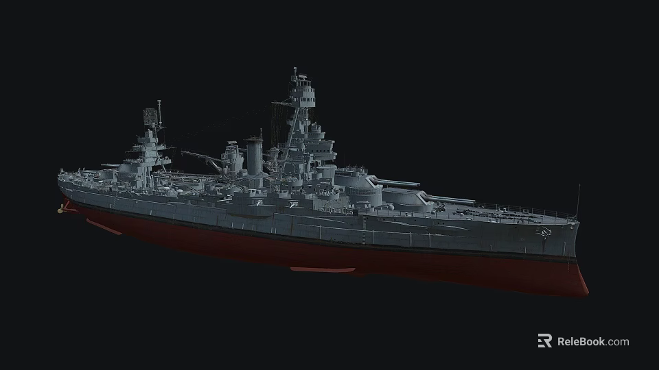 Detailed Warship Model With Deck Turrets And Red Hull Structure 3d model