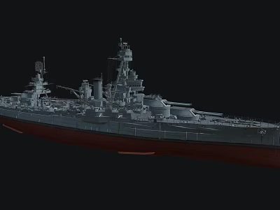 Detailed Warship Model With Deck Turrets And Red Hull Structure 3d model