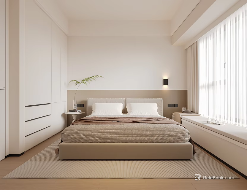 Modern Minimalist Bedroom Interior With Platform Bed White Wardrobe And Window Curtains 3d model