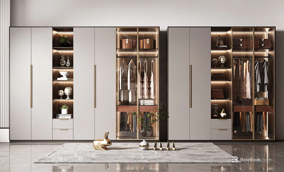 Modern Wardrobe Interior Design With Glass Doors Storage Shelves Hanging Clothes And Decorative Ornaments 3d model 