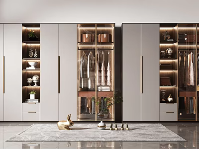 Modern Wardrobe Interior Design With Glass Doors Storage Shelves Hanging Clothes And Decorative Ornaments 3d model