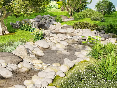 Small Garden Ornamental Landscape With Flowing Stream Stones Green Grass Plants and Trees 3d model