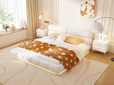 Cozy Modern Bedroom With White Bed Brown Star Blanket Pillows Nightstands And Art 3d model