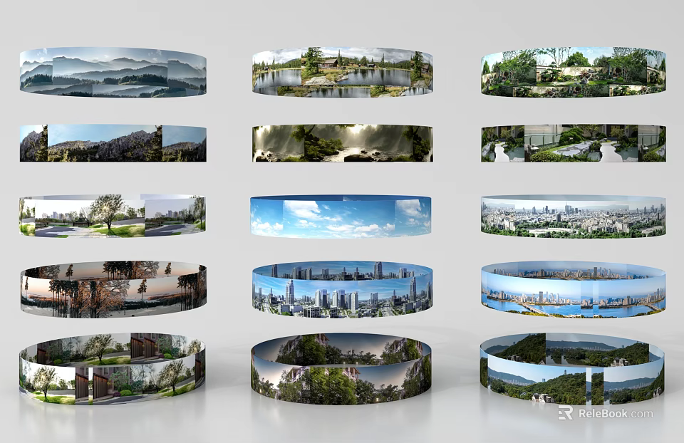 Circular Components Featuring Mountain Water City Skyline Park and Green Scenery 3d model 