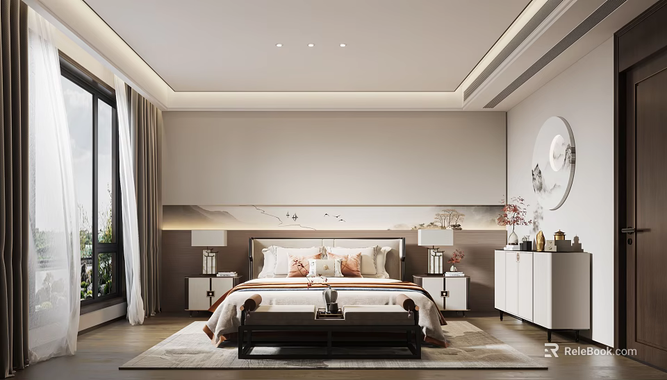 Modern Bedroom Interior With Large Bed Nightstands Table Lamps Bench Wardrobe And Round Mirror 3d model 