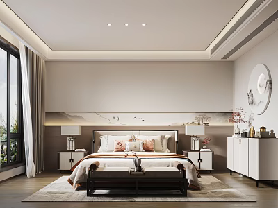 Modern Bedroom Interior With Large Bed Nightstands Table Lamps Bench Wardrobe And Round Mirror 3d model