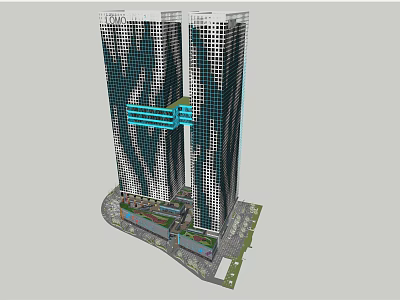 Twin Modern Skyscrapers With Glass Facade Connected Sky Bridge And Urban Design 3d model