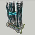 Twin Modern Skyscrapers With Glass Facade Connected Sky Bridge And Urban Design
