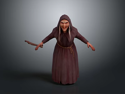 Hooded Old Woman In Dark Robe Holding Stick With Arms Outstretched 3d model