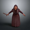 Hooded Old Woman In Dark Robe Holding Stick With Arms Outstretched