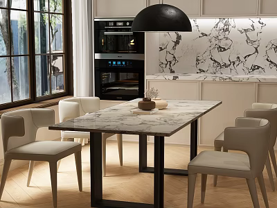 Modern Dining Table Set With Marble Top Light Colored Chairs And Black Pendant Light 3d model