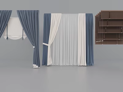 Blue And White Curtain With Sheer Panels And Wooden Blinds Modern Design Ideas 3d model
