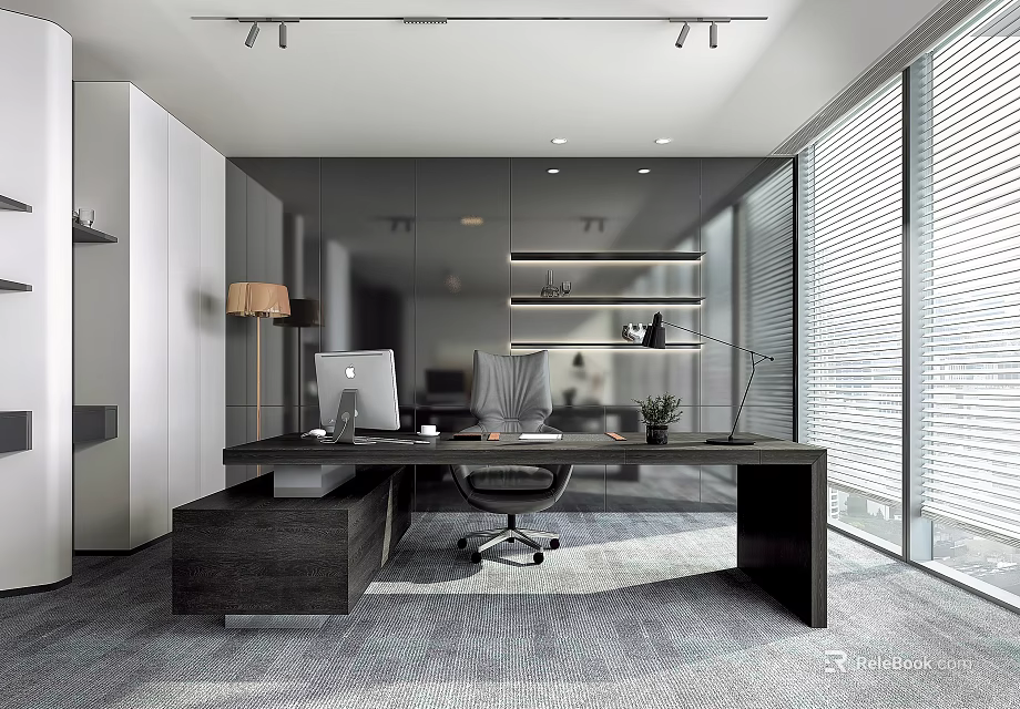 Modern Office Interior Design With Large Desk Ergonomic Chair And Floor To Ceiling Windows 3d model 