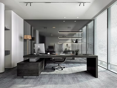 Modern Office Interior Design With Large Desk Ergonomic Chair And Floor To Ceiling Windows 3d model