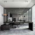 Modern Office Interior Design With Large Desk Ergonomic Chair And Floor To Ceiling Windows