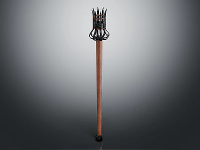Intricate Decorative Staff With Wooden Handle And Metal Spiked Top Design 3d model