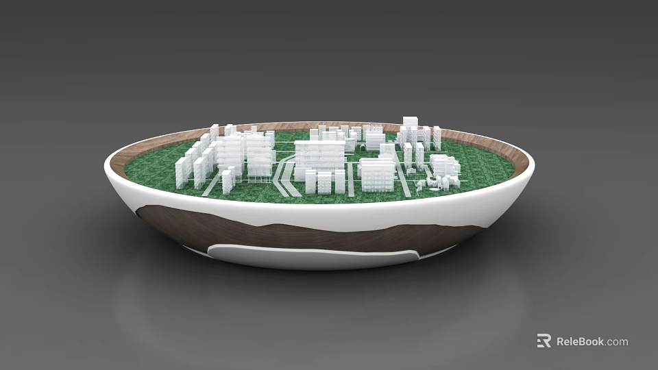 Commercial Equipment For City Model Display With White Building Models Circular Showcase And Green Area 3d model 