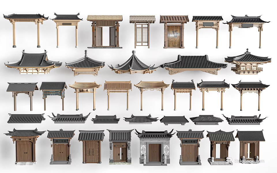 Traditional Chinese Wooden Gates With Various Roof Structures And Classic Designs 3d model 