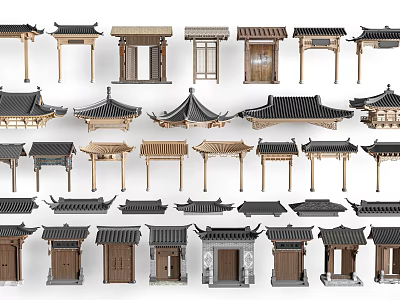 Traditional Chinese Wooden Gates With Various Roof Structures And Classic Designs 3d model