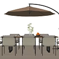 Modern Outdoor Table with Patio Umbrella Chairs and Tabletop Plant and Fruits