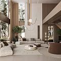 Modern Duplex Living Room Interior With Large Windows Hanging Pendant Lights Comfy Sofa And Green Plants