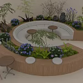Circular Wooden Banquette Sofa With Green Plants And Small Round Tables