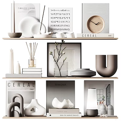 Modern Minimalist Decorative Ornaments Set With Plates Frames Vases Candles Books Clock On Shelves 3d model