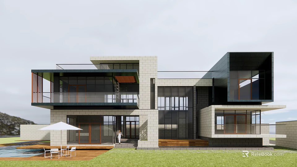 Modern Detached Villa Exterior Design With Large Windows Terrace Lawn And Outdoor Seating 3d model 