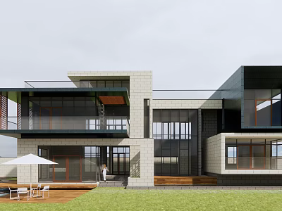Modern Detached Villa Exterior Design With Large Windows Terrace Lawn And Outdoor Seating 3d model