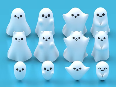Cute White Ghost Decorative Ornament Set with Various Sizes and Expressions on Blue Background 3d model
