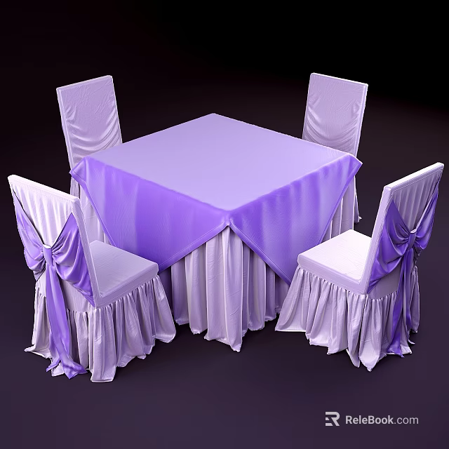 Dining Table Set with Purple Tablecloth and Four Bow Accent Chair Covers 3d model 