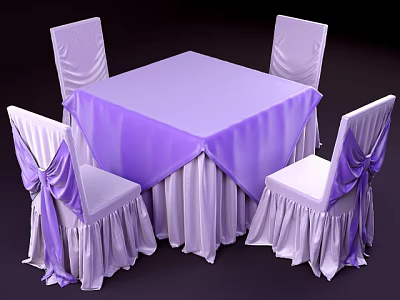 Dining Table Set with Purple Tablecloth and Four Bow Accent Chair Covers 3d model