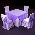 Dining Table Set with Purple Tablecloth and Four Bow Accent Chair Covers 3d model