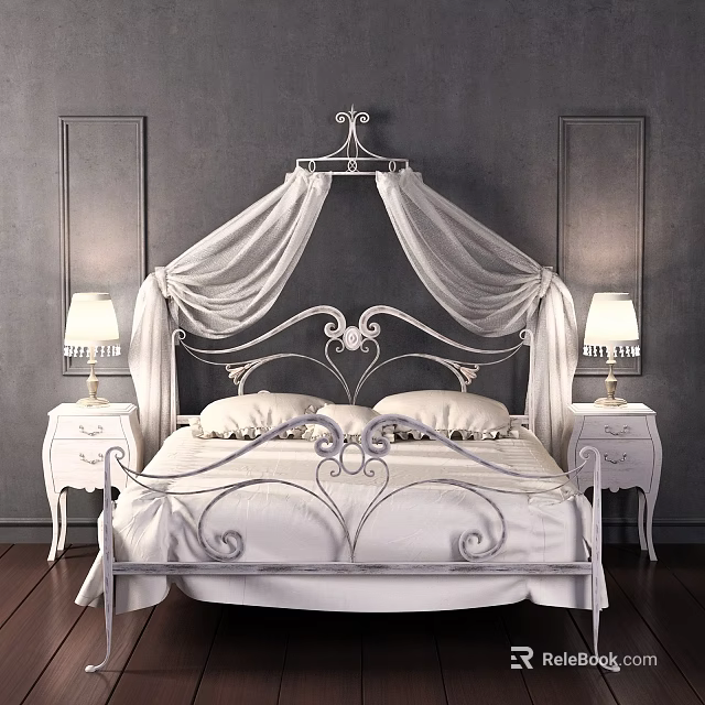 Elegant White Iron Double Bed with Canopy Nightstands and Table Lamps on Gray Wall Background 3d model 