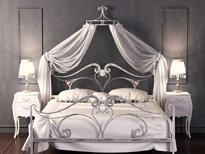 Elegant White Iron Double Bed with Canopy Nightstands and Table Lamps on Gray Wall Background 3d model