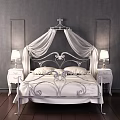 Elegant White Iron Double Bed with Canopy Nightstands and Table Lamps on Gray Wall Background