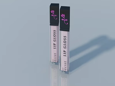 Secret Lip Gloss With Pink Flower Pattern And Black Cap On Reflective Background 3d model