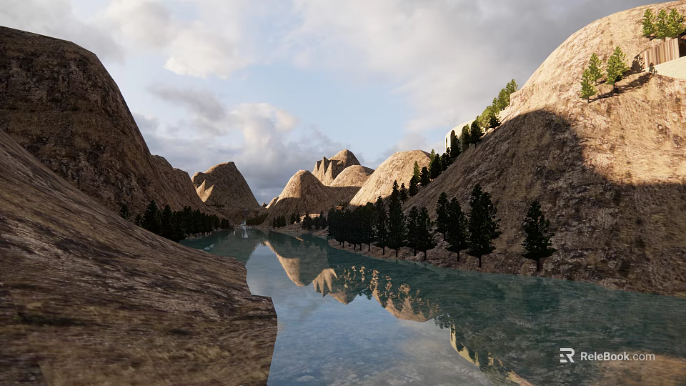 Scenic Garden Landscape With Mountain River Lush Trees And Water Reflection 3d model 