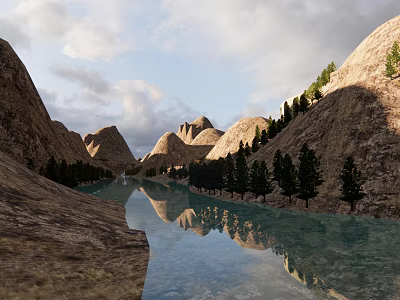 Scenic Garden Landscape With Mountain River Lush Trees And Water Reflection 3d model
