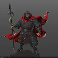 Man in Ancient Warrior Armor Holding Snake Headed Spear with Red Flowing Cape