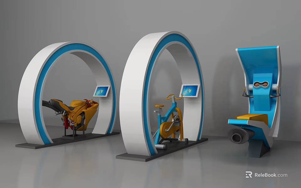 Modern Curved Blue White Fitness Equipment With Training Machines And Digital Screens 3d model 
