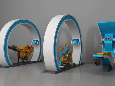 Modern Curved Blue White Fitness Equipment With Training Machines And Digital Screens 3d model