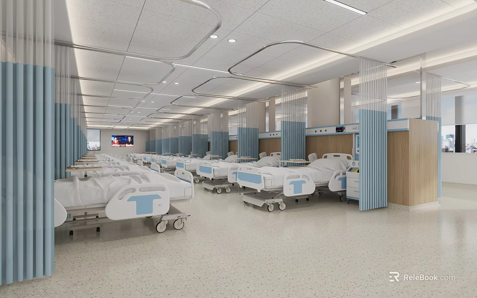 Modern Hospital Outpatient Ward With Beds Partitions And Ceiling Lights 3d model 