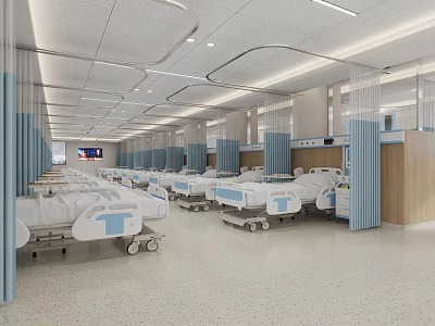 Modern Hospital Outpatient Ward With Beds Partitions And Ceiling Lights 3d model