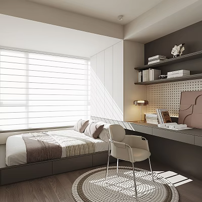 Modern Tatami Bedroom Interior With Tatami Bed Desk Chair And Storage Drawers 3d model