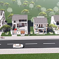 Modern Residential Houses With White Walls Gray Roofs Road Grass White Car And Bicycle