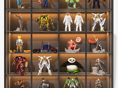 Colorful Action Figures Displayed on Shelves with Diverse Character Designs 3d model