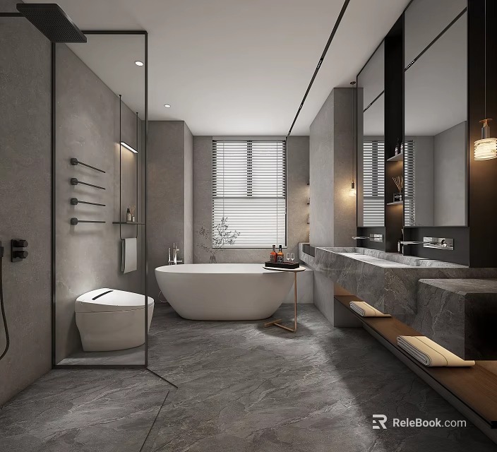 Modern Bathroom Interior Design With Gray Tones Bathtub Toilet Marble Vanity And Mirror 3d model 